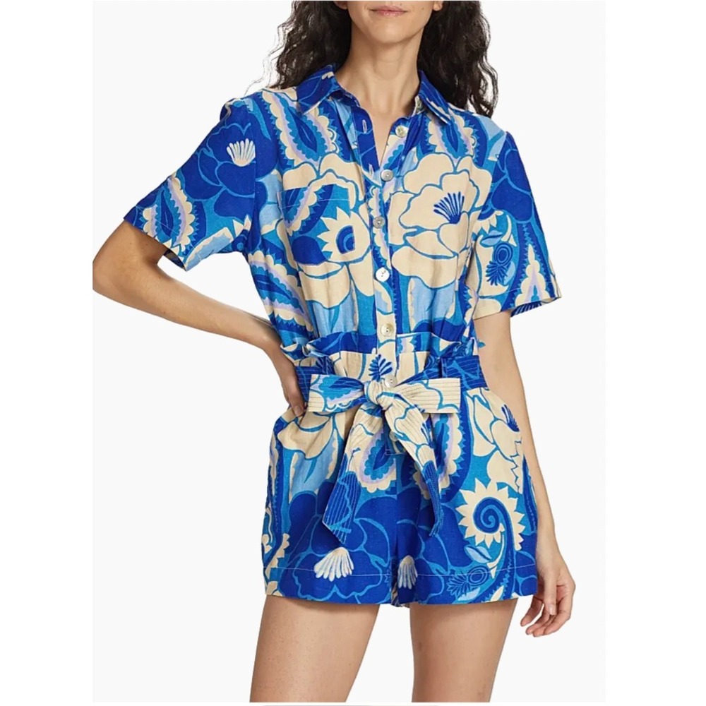 FARM Rio Blue and Cream Floral Short-Sleeve Romper
